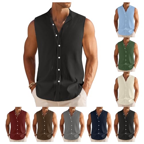 Generisch Hemd Herren Ärmellos Sommer Tank Top Sommer Einfarbig Leinenhemd mit Knopfleiste Ohne Ärmel Freizeithemden Oberteil Basic Weste Herrenhemd Arbeitsshirt Tankshirt Leicht Atmungsaktiv von Generisch