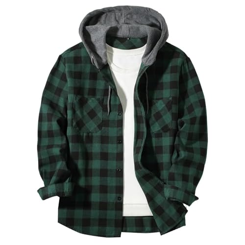 Generisch Hemd Herren Flanellhemd Outlet Angebote Freizeithemd Holzfällerhemd mit Brusttasche Basic Karohemd mit Kapuze Baumwolle Herrenhemden Langarm Business Hemd Prime Trachtenhemd Angebote Grün M von Generisch