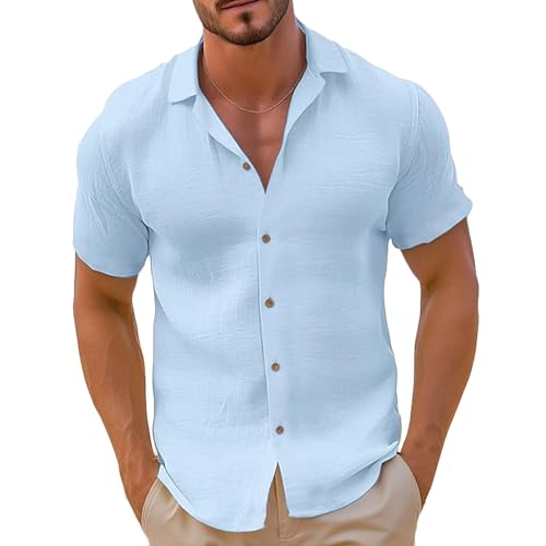 Generisch Hemd Herren Freizeithemden Dünne Hawaii Hemden Sommer Strand Tshirt Button Down Hemd Kurzarm Shirt Basic Herrenhemden Einfarbig Kurzarmshirt Bequeme Sommerhemd Hellblau XXL von Generisch