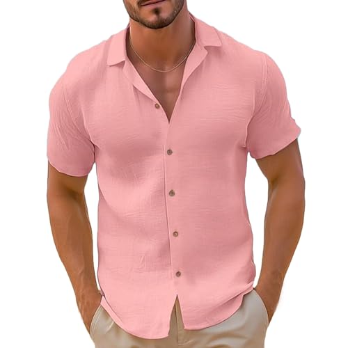 Generisch Hemd Herren Freizeithemden Dünne Hawaii Hemden Sommer Strand Tshirt Button Down Hemd Kurzarm Shirt Basic Herrenhemden Einfarbig Kurzarmshirt Bequeme Sommerhemd Rosa XXL von Generisch
