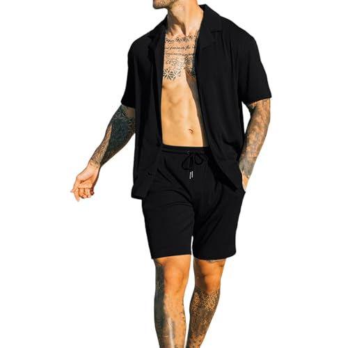 Generisch Hemd Herren Kurzarm, Zweiteiler Jogginganzug Kurzarmhemd Und Shorts Set Einfarbig Trainingsanzug Knopf Sommerhemd Sporthose Mit Tasche Bequeme Sweat Leinenanzug Atmungsaktive Leinenhemd von Generisch