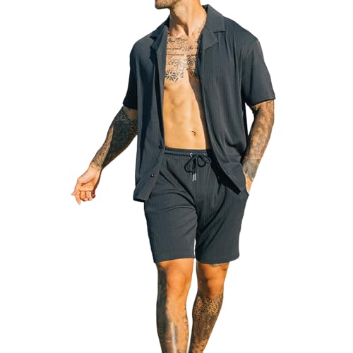 Generisch Hemd Herren Kurzarm, Zweiteiler Jogginganzug Kurzarmhemd Und Shorts Set Einfarbig Trainingsanzug Knopf Sommerhemd Sporthose Mit Tasche Bequeme Sweat Leinenanzug Atmungsaktive Leinenhemd von Generisch