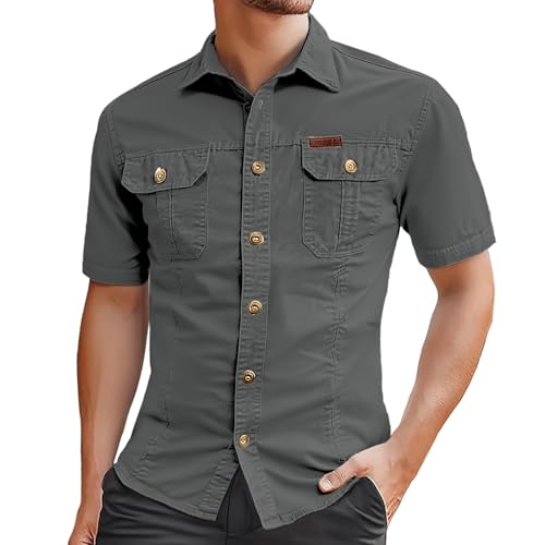 Generisch Hemd Herren Kurzarm 100% Baumwolle Freizeithemd Bequeme Weich Sommerhemd mit Taschen Einfarbig Kläppchenkragen Cargo Hemden Outddor Lässige Kurzarmhemd Outwear für Wander und Camp von Generisch
