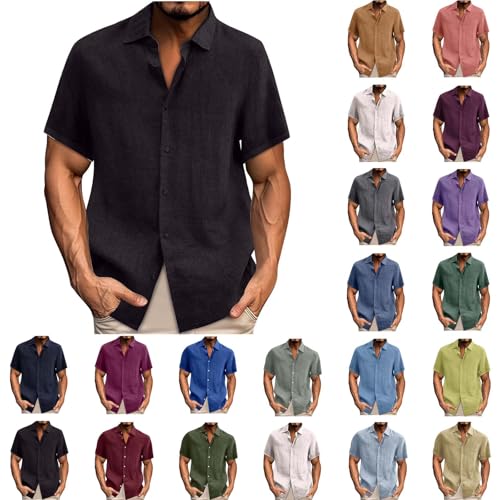 Generisch Hemd Herren Kurzarm Baumwolle Leinenhemd Sommer Freizeithemden Einfarbig Herrenhemden Fashion Sommerhemd Stretch Hemden Männer Business Hemd Kurzarmhemd Schwarz XXL von Generisch