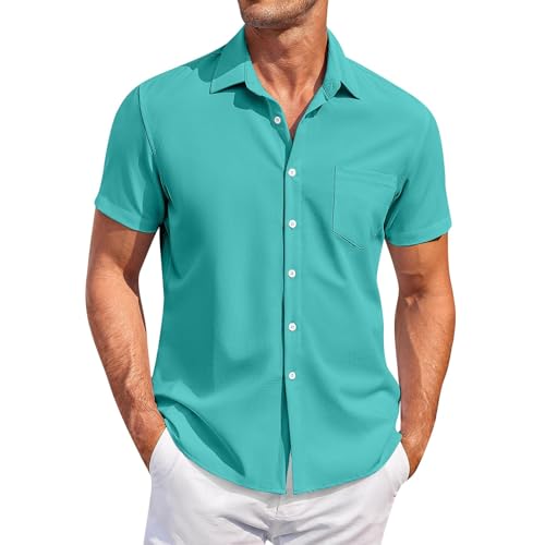 Generisch Hemd Herren Kurzarm Freizeithemd Regular Fit Sommerhemd Casual Kurzarmhemd Baumwolle Herrenhemd mit Brusttasche,Türkis,4XL von Generisch
