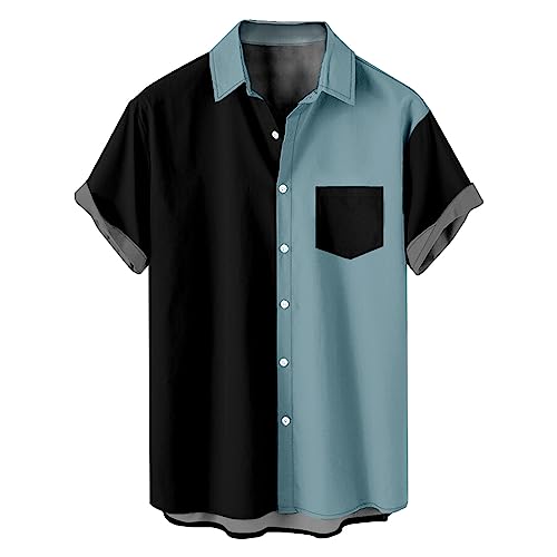 Generisch Hemd Herren Kurzarm Freizeithemd mit Tasche Leicht Hawaii Hemd Herrenhemden Vintage Bowling Shirt Retro Rockabilly Stil Kurzarm Button Down Musik Hawaiihemd Angebote Hellblau 4XL von Generisch