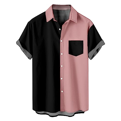 Generisch Hemd Herren Kurzarm Freizeithemd mit Tasche Leicht Hawaii Hemd Vintage Bowling Shirt Retro Rockabilly Stil Kurzarm Button Down Musik Hawaiihemden Sommer Strand Hemd Angebote Rosa 4XL von Generisch