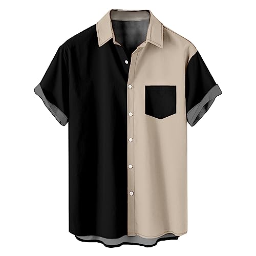Generisch Hemd Herren Kurzarm Freizeithemd mit Tasche Leicht Hawaii Hemd Vintage Bowling Shirt Retro Rockabilly Stil Kurzarm Button Down Musik Hawaiihemden Sommer Strand Hemd Gutscheine Khaki 3XL von Generisch