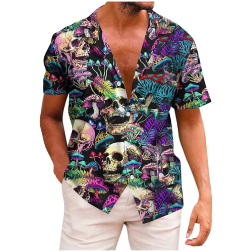 Generisch Hemd Herren Kurzarm mit Totenkopf Modische Kurzarmhemd Sommer Vintage Hawaiihemd Männer Strandhemd Freizeit Herrenhemden Leichte Sommerhemd Baumwolle Freizeithemd Deals Blau L von Generisch