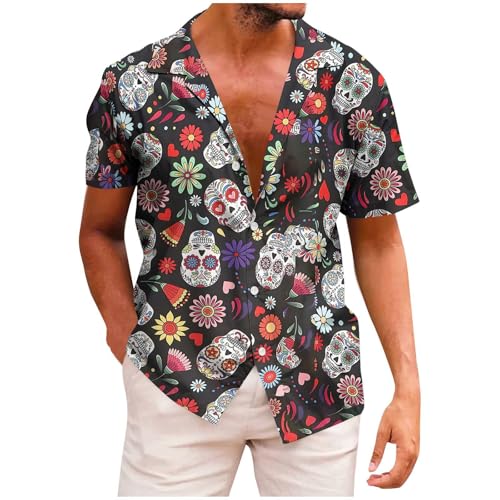 Generisch Hemd Herren Kurzarm mit Totenkopf Modische Kurzarmhemd Sommer Vintage Hawaiihemd Männer Strandhemd Freizeit Herrenhemden Leichte Sommerhemd Baumwolle Freizeithemd Rot XL von Generisch