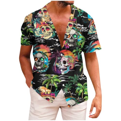 Generisch Hemd Herren Kurzarm mit Totenkopf Modische Kurzarmhemd Sommer Vintage Hawaiihemd Männer Strandhemd Freizeit Herrenhemden Leichte Sommerhemd Y2k Fischerhemd Streetwear Angebote Grün XXL von Generisch