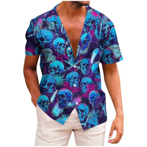 Generisch Hemd Herren Kurzarm mit Totenkopf Modische Kurzarmhemd Vintage Hawaiihemd Männer Strandhemd Freizeit Herrenhemden Leichte Sommerhemd Freizeithemd Leinenhemd Angebote Des Tages Heute Blau XXL von Generisch