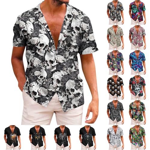 Generisch Hemd Herren Kurzarm mit Totenkopf Modische Kurzarmhemd Vintage Hawaiihemd Männer Strandhemd Freizeit Herrenhemden Leichte Sommerhemd Freizeithemd Leinenhemd Weiß M von Generisch