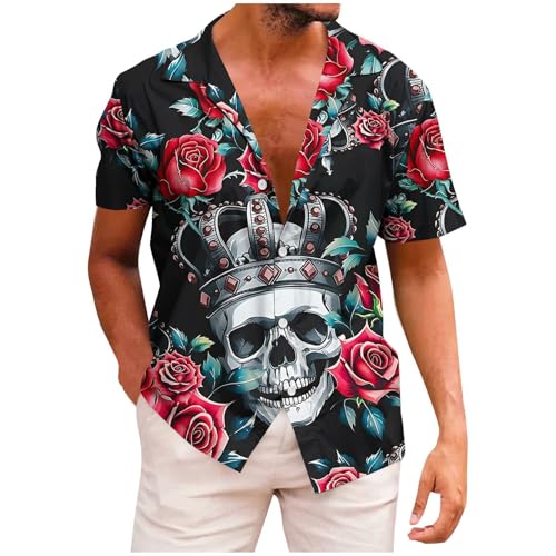 Generisch Hemd Herren Kurzarm mit Totenkopf Modische Kurzarmhemd Vintage Hawaiihemd Männer Strandhemd Freizeit Herrenhemden Leichte Sommerhemd Y2k Fischerhemd Techwear Blitzangebote Floral XXL von Generisch