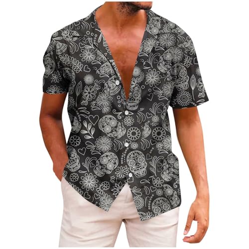 Generisch Hemd Herren Kurzarm mit Totenkopf Modische Kurzarmhemd Vintage Hawaiihemd Männer Strandhemd Freizeit Herrenhemden Leichte Sommerhemd Y2k Fischerhemd Techwear Blitzangebote Grau XL von Generisch