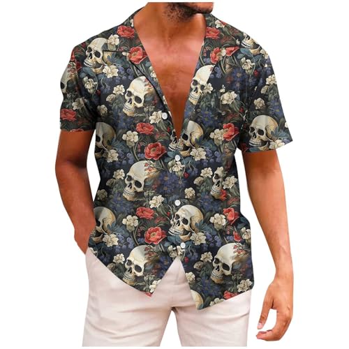 Generisch Hemd Herren Kurzarm mit Totenkopf Modische Kurzarmhemd Vintage Hawaiihemd Männer Strandhemd Freizeit Herrenhemden Leichte Sommerhemd Y2k Fischerhemd Techwear Floral L von Generisch