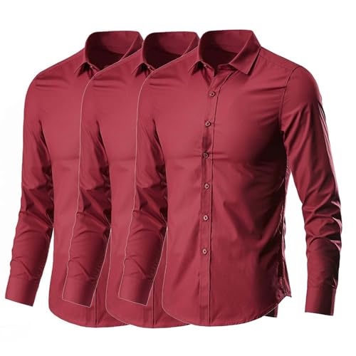Generisch Hemd Herren Langarm 3er Pack Business Hemden Einfarbig Herrenhemden Regular Fit Weich Arbeitshemd Atmungsaktive Businesshemden Leichtes Freizeithemd Langarmshirt Rot M von Generisch