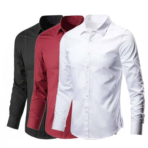 Generisch Hemd Herren Langarm 3er Pack Business Hemden Einfarbig Herrenhemden Regular Fit Weich Arbeitshemd Atmungsaktive Businesshemden Leichtes Freizeithemd Langarmshirt Schwarz Rot Weiß XXL von Generisch