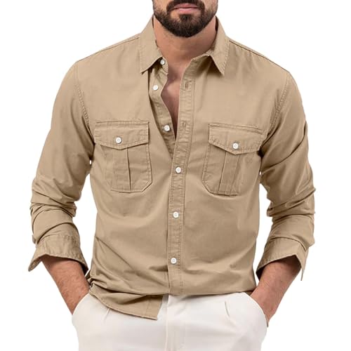 Generisch Hemd Herren Langarm Grosse GröSsen - Herrenhemden Langarm BüGelfrei Comfort Fit Baumwolle Langarmhemd Mit Zwei Brusttasche Button Down Hemden Revers Vintages Trachtenhemd Freizeithemden von Generisch