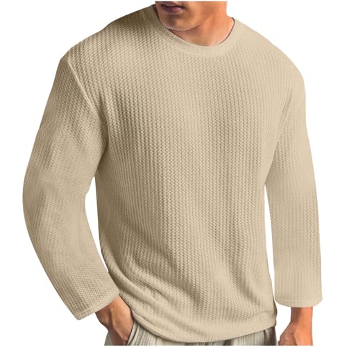 Generisch Hemd Herren Langarm Sport Oberteil Einfarbig Rundhals T-Shirt Regular Fit UbergrößE Hemden Weich Warm Strickwaren Freizeit Oberteil Strickpullover Male T-Shirts Khaki 4XL von Generisch
