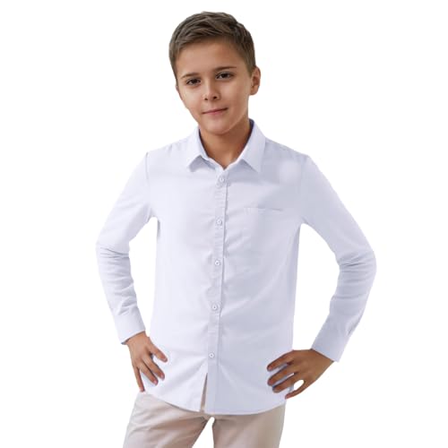 Generisch Hemd Jungen Langarm Weiß Slim Fit Student Hemd Baumwolle Revers Freizeithemden Einfarbige Hemdbluse Sommerhemd Boy Langarmshirt Junge Button Down Casual Hemden Sommer Formelle Uniform von Generisch