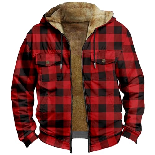 Generisch Hemd Mit Kapuze Herren, Kariert Warm Wattiert Jacke Holzfällerhemd Atmungsaktiv Dicke Vintage Plaid Freizeitjacke Winter Herbst Herren Gefüttert Fell Rot Langarm (XL, Rot) von Generisch