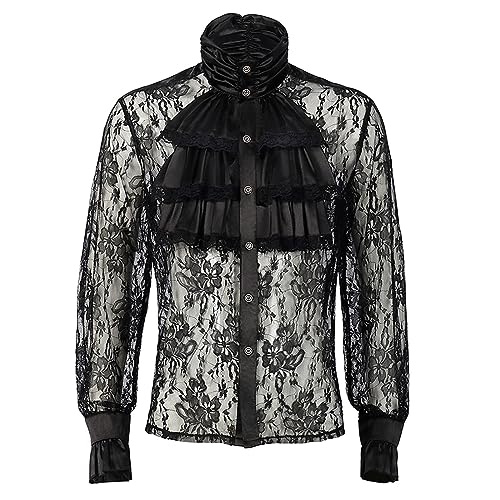 Generisch Hemd Mittelalter Herren Viking Kostüm Schnürhemd Renaissance Viktorian Steampunk Piraten Hemd Herren Transparent Spitze Button Down Langarm Hemd Cosplay Kostüm Universal Fit von Generisch