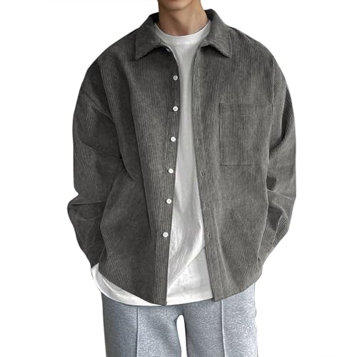 Generisch Hemdjacke Herren Langarm Cordjacke Vintage Freizeitjacke Hemd Umlegekragen Übergangsjacke Mit Knöpfen Business Casual Herbstmantel Übergang Herbstjacke Men Warm Jacket grau&3XL von Generisch