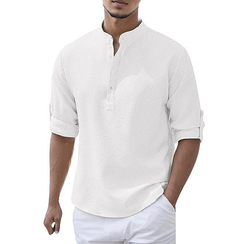 Generisch Henrykragen Hemd Herren Langarm Casual Waffel Herrenhemden Stehkragen Button Down Freizeithemd Einfarbig Langarmhemd Funky Businesshemd Atmungsaktiv Trachtenhemd (Weiß, XXL) von Generisch