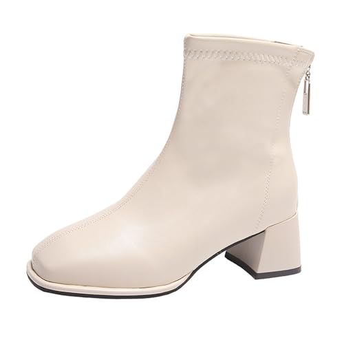 Generisch Herbst Winter Damen Casual Stiefeletten Blockabsatz Square Toe Kurze Stiefel Reißverschluss Hinten Rutschfeste High Heel Schuhe(Beige,37 EU) von Generisch