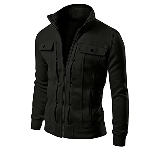 Generisch jacke Herren, Mode Schlank Stand Kragen Jacke Knopf Verziert Solide Farbe Sweatshirt Und Winter Outwear Übergangsjacke Herren Jacket For Men Kapuze (XL, Black) von Generisch