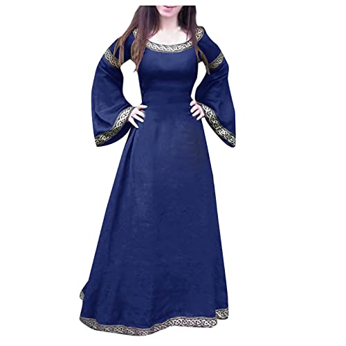 Generisch Herbstkleid Damen, Vintage Retro Gothic Solid Farbe Hohe Taille Lange Ärmel Spleißen Kleid Festlich Damen Enges Kleider Langarm Grün Graduation Dress Zweiteiler Frocks Dress (S, Blau) von Generisch