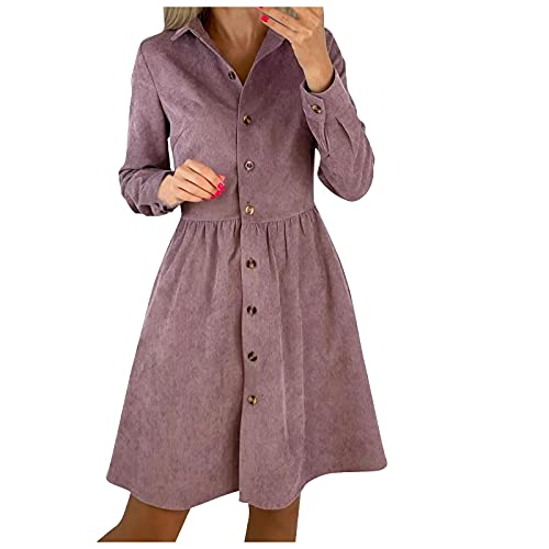 Generisch Herbstkleid Damen Knielang Elegant Cord Blusenkleid Herbst Winterkleid Langarm Revers Tunikakleid Mit Knöpfen Festlich Elegant Autumn Dress Freizeitkleid Lila M von Generisch