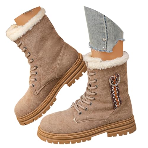 Generisch Herbstschuhe Damen Herbst Winter Motorradstiefel Mit Schnürung Stiefel wasserdichte Schuhe Ankle Boots Schnürstiefel Flach Schnürboots Stiefeletten Khaki 37 von Generisch