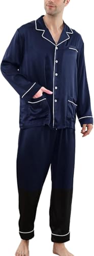 Generisch Herren 2-teiliges Seidenpyjama-Set Männliche Pyjama-Sets Maulbeerseide Langarm-Nachtwäsche Schwarz(Navy Blue,XX-Large) von Generisch