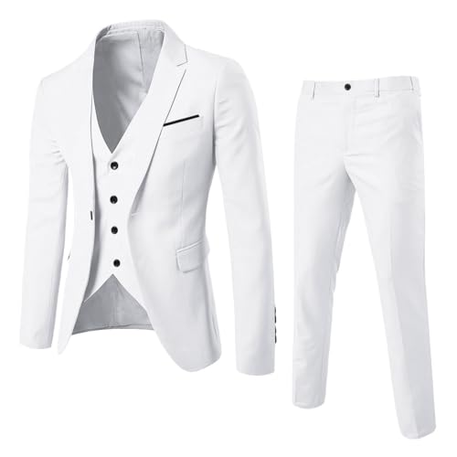 Generisch Herren Anzug 3 Teilig Regular Fit Leinen - Leinen Sakko Weiss Slim Freizeitanzug Tweed Weste Anzug Baumwolle Outfit Herrenanzüge Business Blazer Weste Hosen Set Elegante Hochzeitsanzug von Generisch