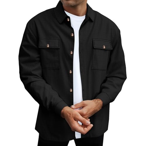 Generisch Herren Arbeitshemden Langarm Winter Cordjacke Für Männer Gepolsterte Mäntel Mit Knopfleiste Und Waschung Lässige Fleece Baumwoll Cargo Jacke schwarz&XL von Generisch