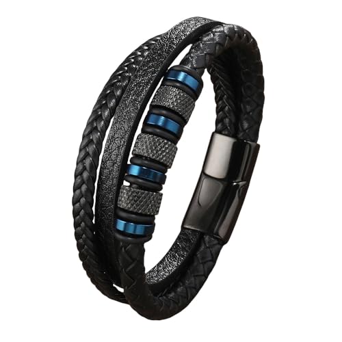 Generisch Herren Armband Leder, Handgewebtes Mehrschichtiges Modisches Magnetschnallen-Lederarmband, Energieschmuck Für Männer, Dunkelblau von Generisch