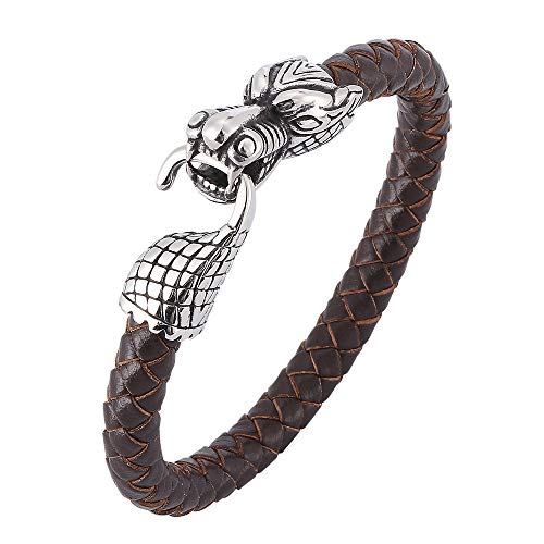 Generisch Herren Armband Leder, Herrenarmband Aus Echtem Leder Mit Hakenverschluss, Braun, Handgefertigt, Manschettenarmband, Drachenkopf, Herrenschmuck Mit Beutel, Geschenke Für Teenager Und Junge von Generisch