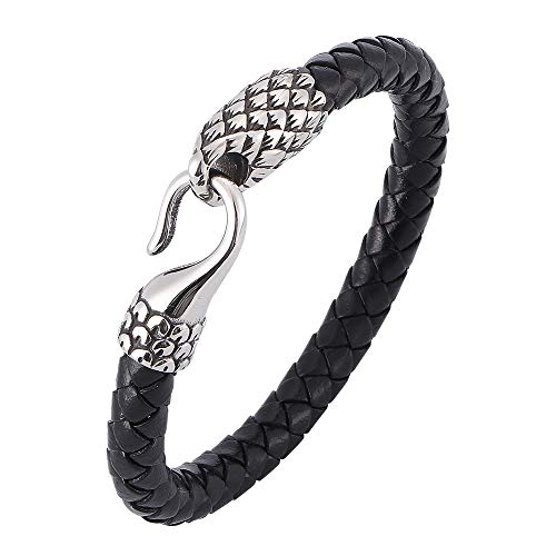 Generisch Herren Armband Leder, Herrenarmband Aus Echtem Leder Mit Hakenverschluss, Schwarz, Handgefertigt, Geflochtenes Manschettenarmband, Herrenschmuck Mit Beutel, Geschenke Für Teenager Und Jun von Generisch