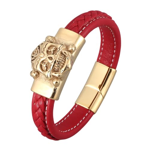 Generisch Herren Armband Leder, Herrenarmband Aus Echtem Leder Mit Magnetverschluss, Handgefertigt, Geflochtenes Manschettenarmband Mit Totenkopf Anhänger, Gothic Halloween Schmuck Für Freund Und von Generisch