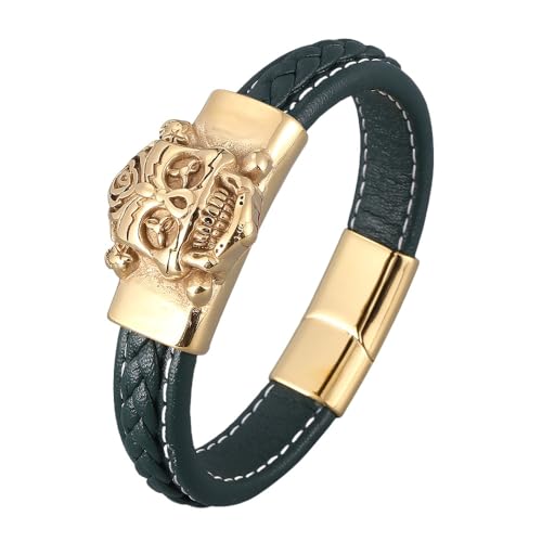 Generisch Herren Armband Leder, Herrenarmband Aus Echtem Leder Mit Magnetverschluss, Handgefertigt, Geflochtenes Manschettenarmband Mit Totenkopf Anhänger, Gothic Halloween Schmuck Für Freund Und von Generisch