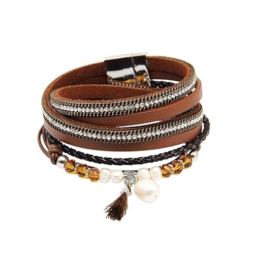 Generisch Herren Armband Leder, Mehrlagiges Wickelarmband Aus Leder Für Damen Im Boho Stil, Stapelbarer Perlenarmreif Mit Quastenanhänger, Handgefertigter Edelsteinschmuck Für Frauen, Teenager Un von Generisch