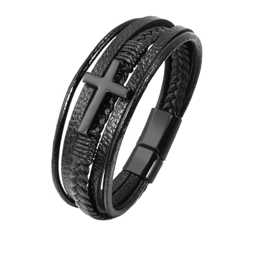 Generisch Herren Armband Leder, Mehrschichtiges Wickelarmband Aus Leder Mit Magnetverschluss, Handgefertigt, Geflochtenes Manschettenarmband Mit Kreuz, Vintage Paarschmuck Mit Beutel, Festivalgesche von Generisch