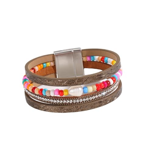 Generisch Herren Armband Leder,Handgewebtes Mehrschichtiges Wickelarmband Aus Leder Mit Farbigen Perlen Und Magnetschnalle, Energieschmuck Für Frauen, Rosa von Generisch