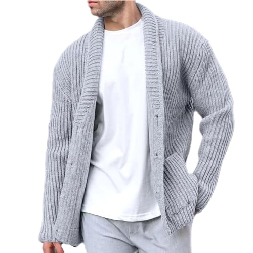 Generisch Herren Cardigan, Strickjacke Winter Trachtenjacke Gestrickt Cardigan Wintermantel Dünne Jacke Mit Taschen Zip Pullover Knöpfen Strickweste Schwarz Reissverschluss Cardigan (XXL, Light Gray) von Generisch