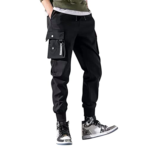 Generisch Herren Cargohose Outdoorhose Mit Gummizug/Knöpfe Freizeithose Locker Arbeitshosen Bequeme Lang Straight Einfarbig Pants Wanderhose Mit Multi Taschen Jogginghose Baggy Reißfest Sommerhose von Generisch