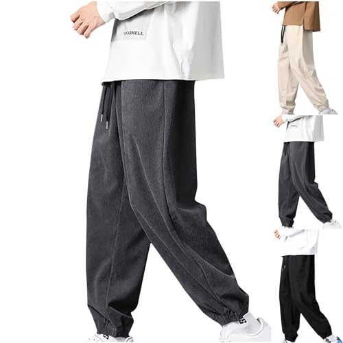 Generisch Herren Cord Hose Regular Fit Chino Hose Lang Leicht Freizeithose Loose Fit Casual Jogginghose Bequeme Stoffhose Einfarbig Baumwolle Elastische Taille Hosen Dunkelgrau M von Generisch