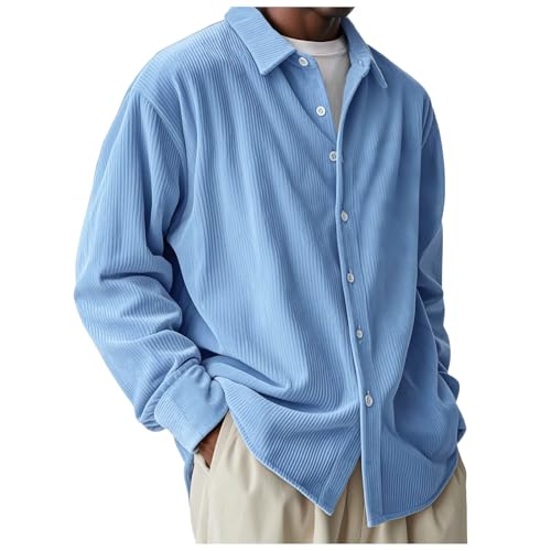 Generisch Herren Cordhemd Langarm Modische Button Down Freizeithemd Regular Fit Jacke Einfarbig Freizeit Hemd Minimalistische Businesshemden Revers Button Down Langarmhemd Herrenhemden (Blau, XXL) von Generisch