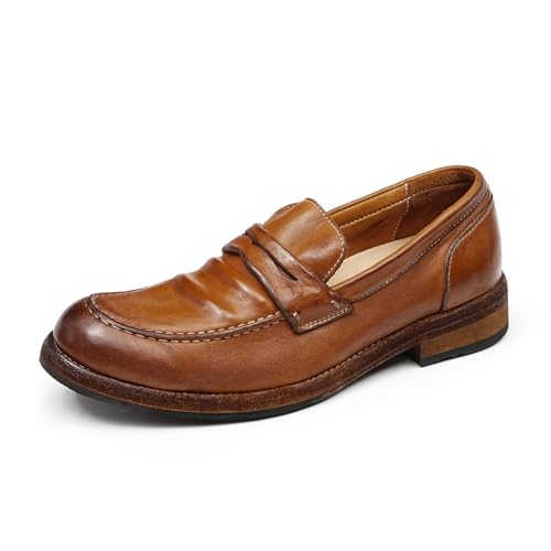 Generisch Herren Echtes Leder Handgemachte Business Loafers Halbschuhe Vintage Atmungsaktive Lässige Slip On Schuhe,Braun,43 von Generisch
